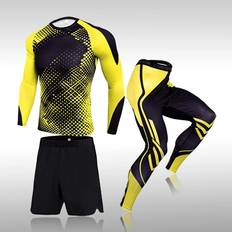 Athletic Performance Wear Set SF2032 for Men in vibrant yellow and black, includes top, leggings, shorts for fitness and yoga.